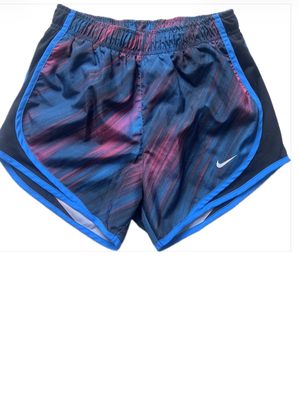 Nike Dri-FIT running shorts with blue and magenta abstract splash Size XS